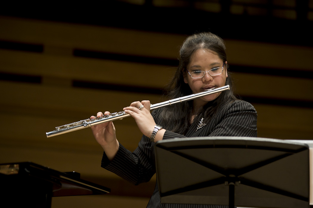 Flutist Samantha Chang performing in Koerner Hall